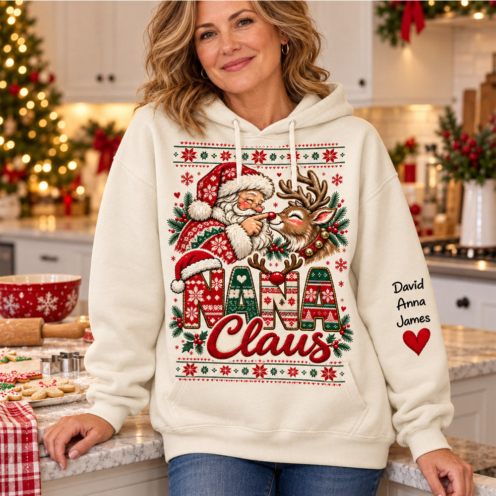 Custom Nana Claus Sweatshirt with Grandkids Names, Personalized Christmas Sweater, Cute Santa and Reindeer Holiday Crewneck C2408 Nh00 KL07