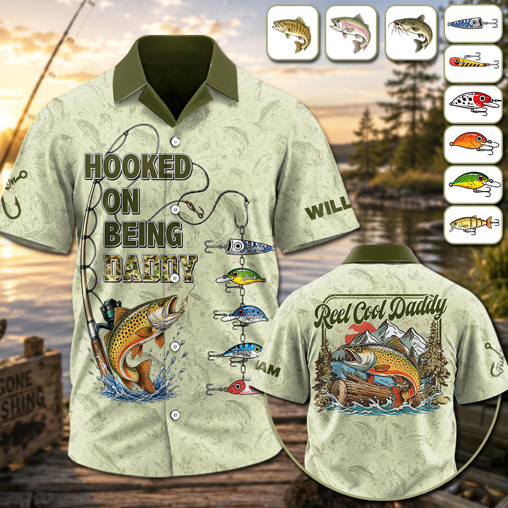 Hooked On Being Dad, Reel Cool Dad, Personalized Hawaiian Shirt, Vintage Retro Fishing Shirt for Men, Gift for Him, Gift for Husband T1807 Pt99