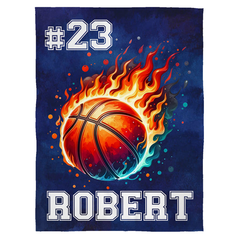 Personalized Flaming Basketball Football Sports Ball Design Soft Throw Blanket with Name and Number Birthday Match Day Gift for Team Ball Games Lovers