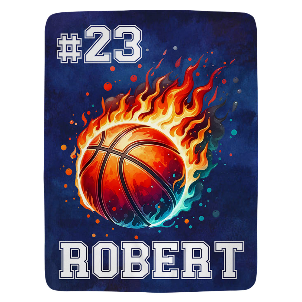 Personalized Flaming Basketball Football Sports Ball Design Soft Throw Blanket with Name and Number Birthday Match Day Gift for Team Ball Games Lovers
