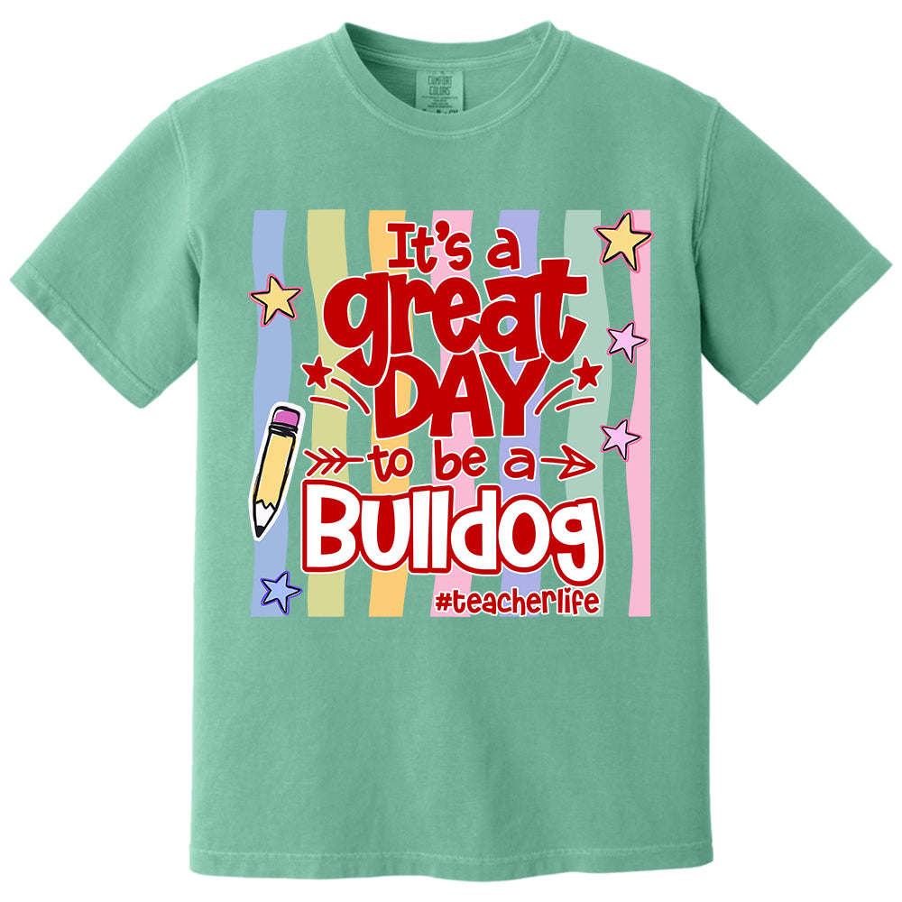 It's A Great Day To Be A Bulldog Personalized School Mascot Retro Stripe Shirt For Teacher T24