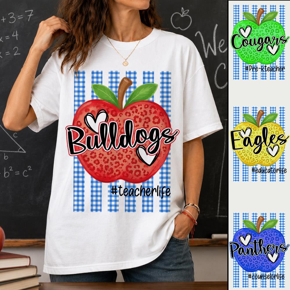 Personalized School Striped Mascot Apple Blue Gingham Stripes T-shirt For Teacher Nh00