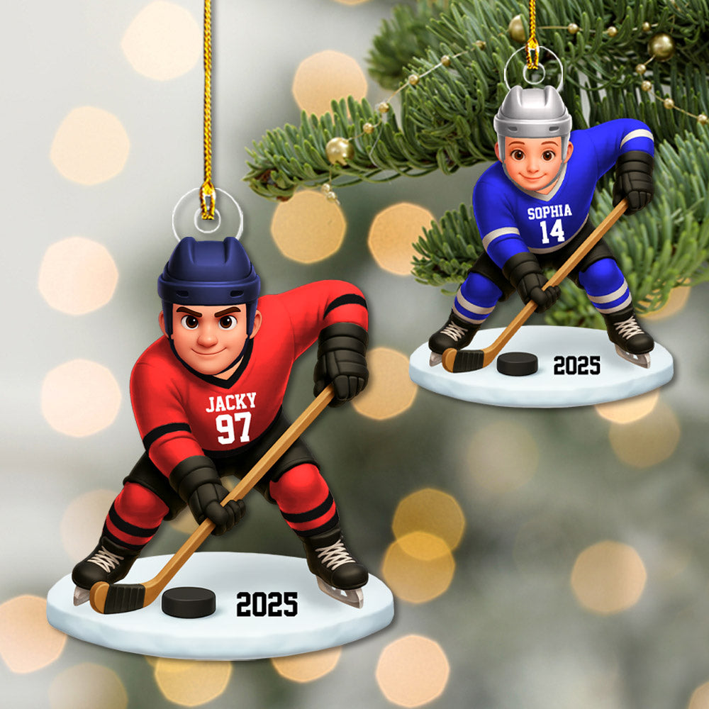3D Effect Hockey Players Personalized Acrylic Ornament Christmas Gift for Daughter Son Tu24 Pt99