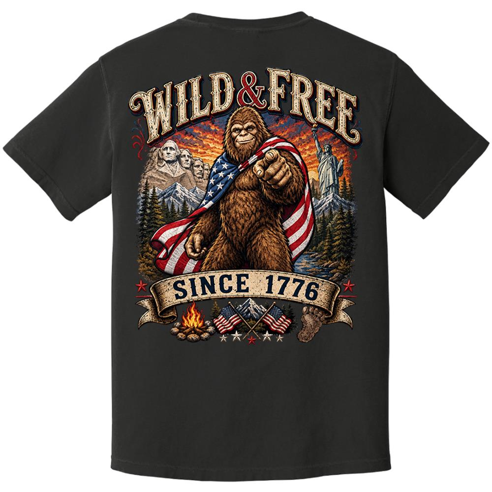 Custom Wild & Free Since 1776 Bigfoot Patriotic T-Shirt