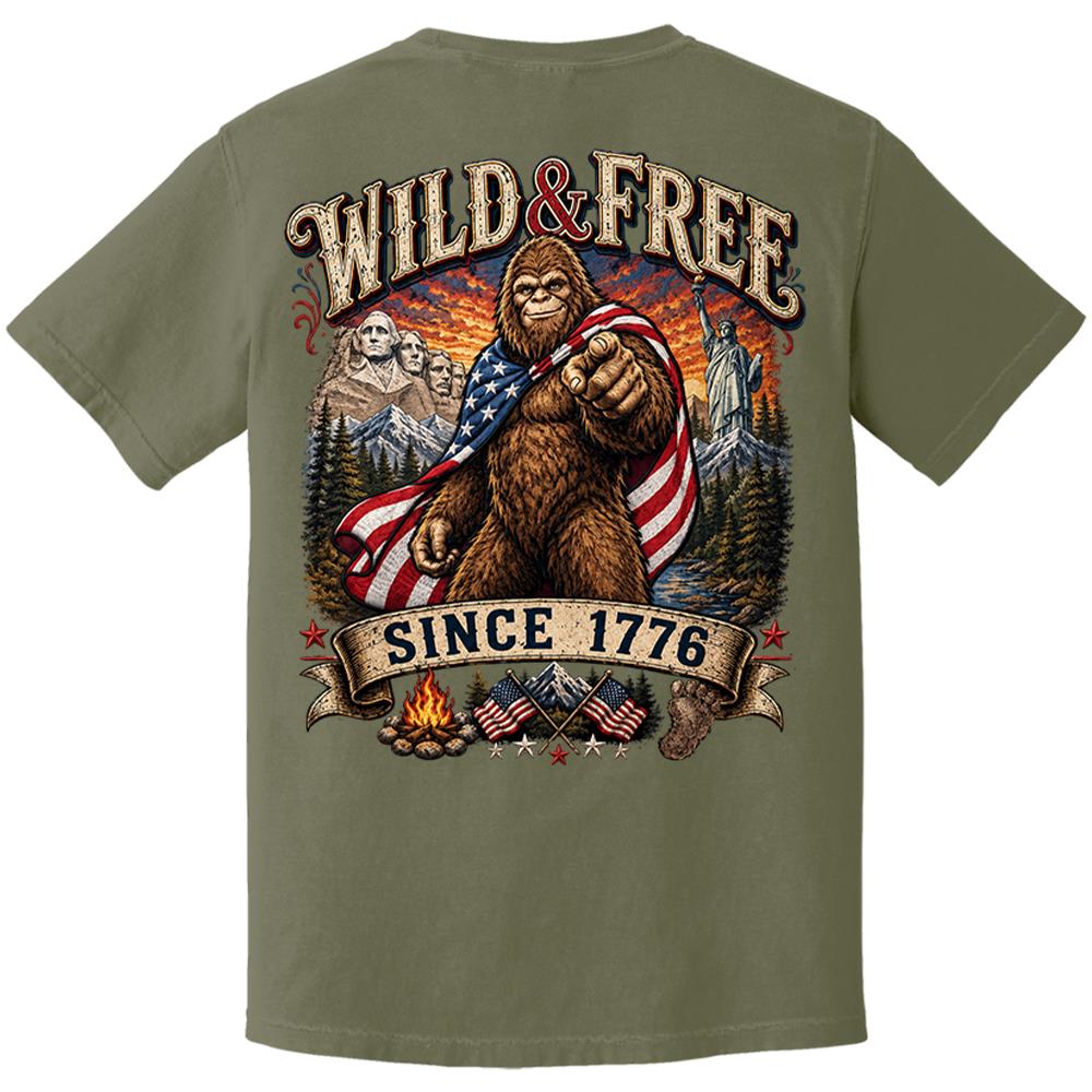 Custom Wild & Free Since 1776 Bigfoot Patriotic T-Shirt