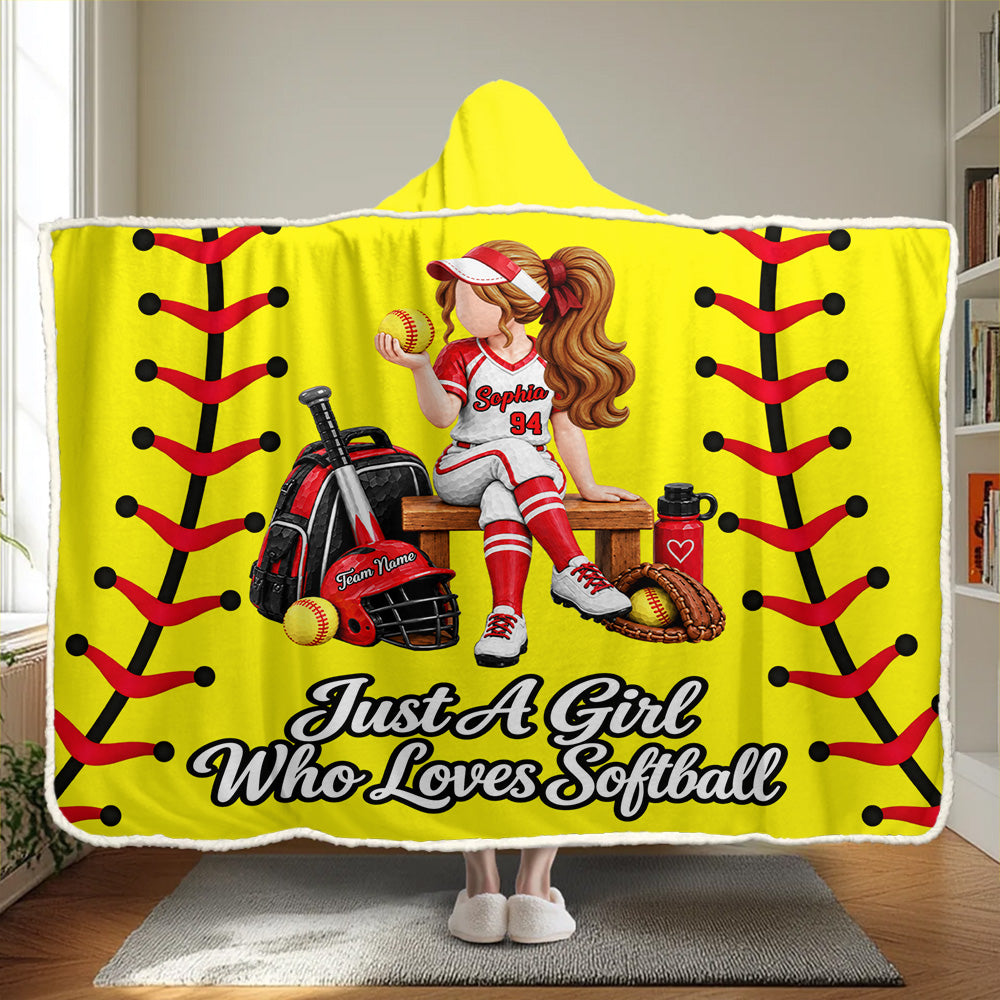 Just A Girl Who Loves Softball - Personalized Wearable Blanket Hoodie with Custom Name & Number, Gift For  Softball Players A2110 T24 VN09