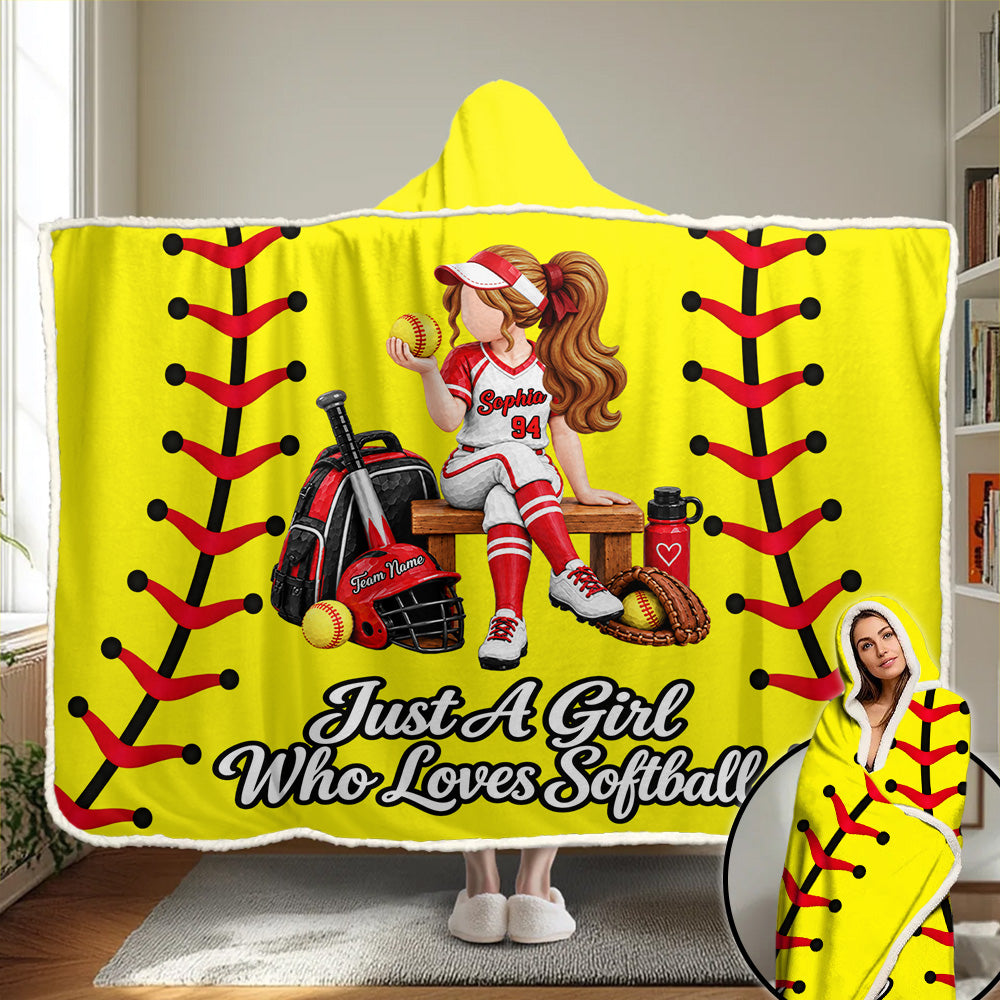 Just A Girl Who Loves Softball - Personalized Wearable Blanket Hoodie with Custom Name & Number, Gift For  Softball Players A2110 T24 VN09