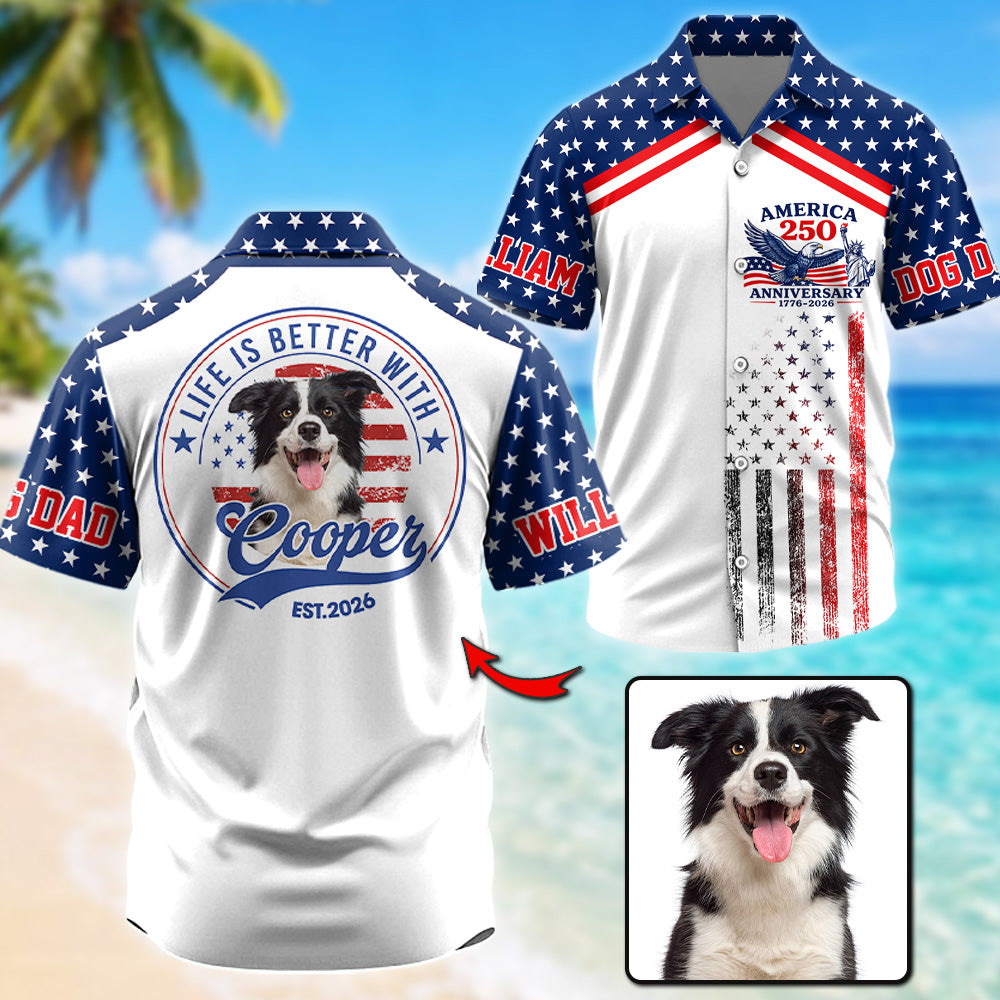 This Human Belongs To, Custom Photo Dog Short Sleeve Silk Shirt, Celebrate America 250th Anniversary Shirt, Gift For Dog Lover T1807 T24