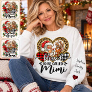 Personalized Blessed To Be Called Mimi Christmas Sweater, Custom Grandchildren Names on Sleeve Pullover, Leopard Buffalo Plaid Heart Grandma Gift C2408 Li29 TL06
