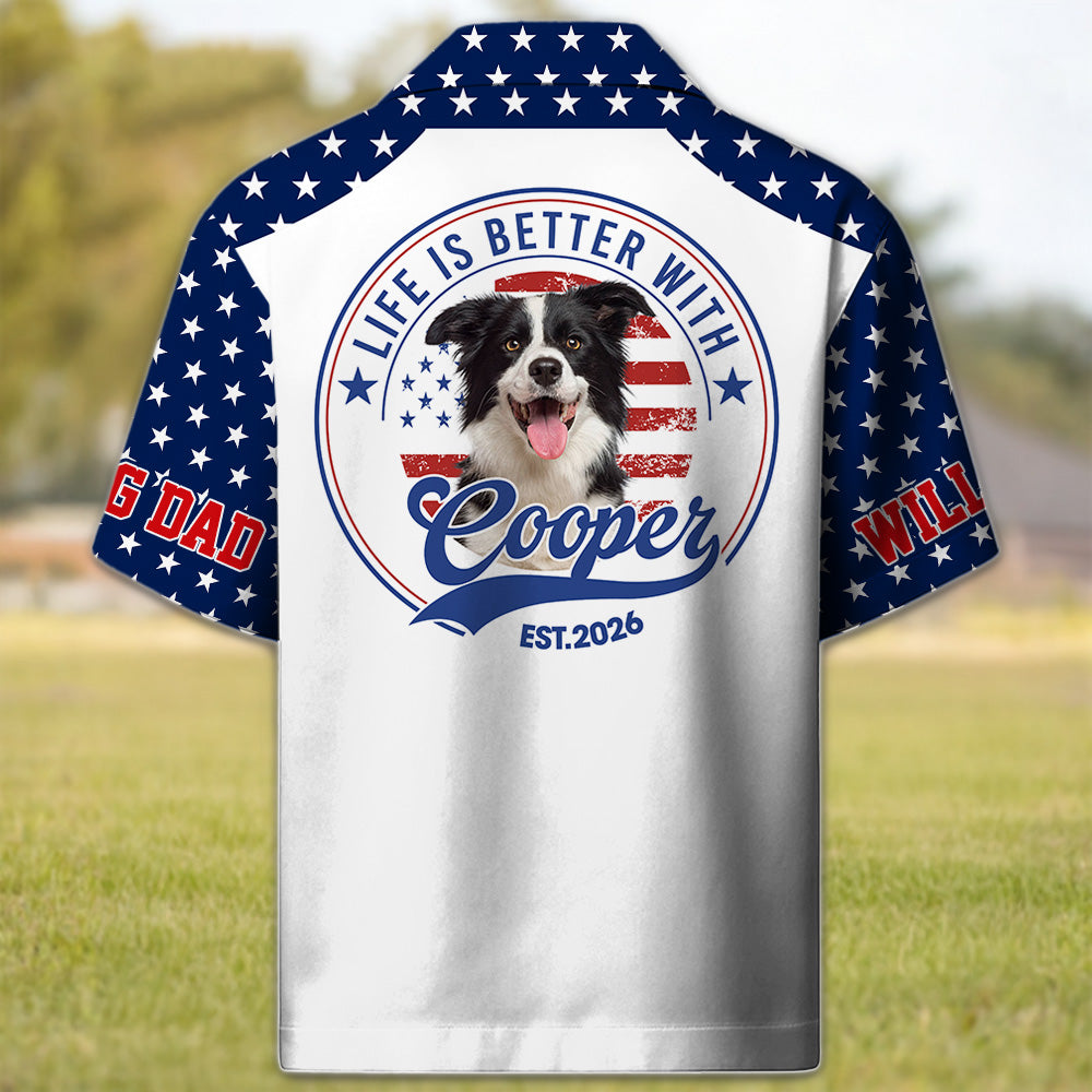 This Human Belongs To, Custom Photo Dog Short Sleeve Silk Shirt, Celebrate America 250th Anniversary Shirt, Gift For Dog Lover T1807 T24