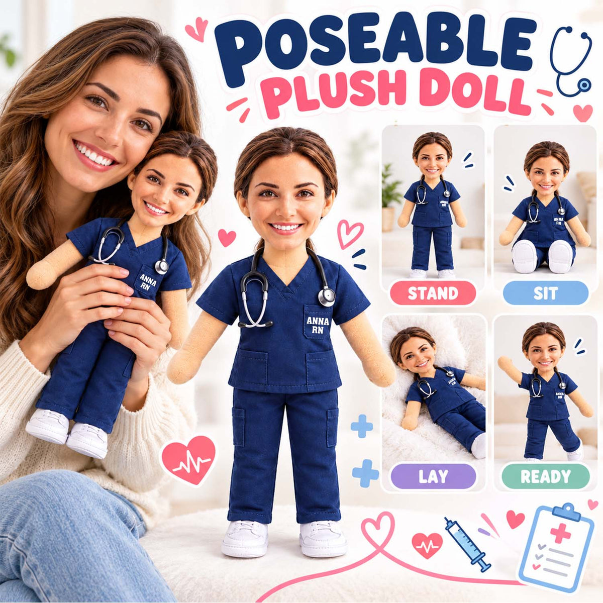 Custom Photo Nurse Posable Plush Doll, Gift For Nurses L0411 Pt99