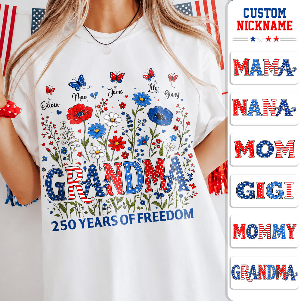 Personalized Grandma Shirt USA 250th Anniversary, Boho Floral Patriotic Tee, Custom Names Gift For Grandma Na02 Hv01
