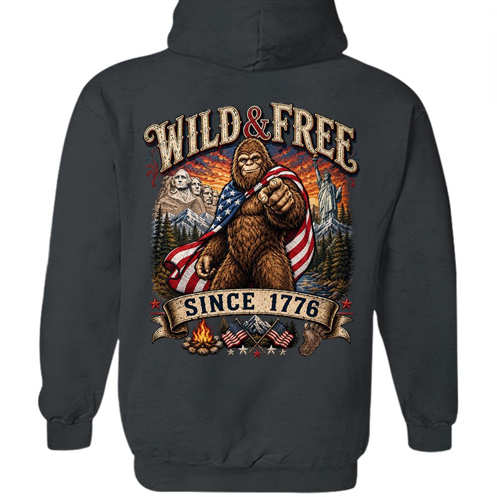 Custom Wild & Free Since 1776 Bigfoot Patriotic T-Shirt