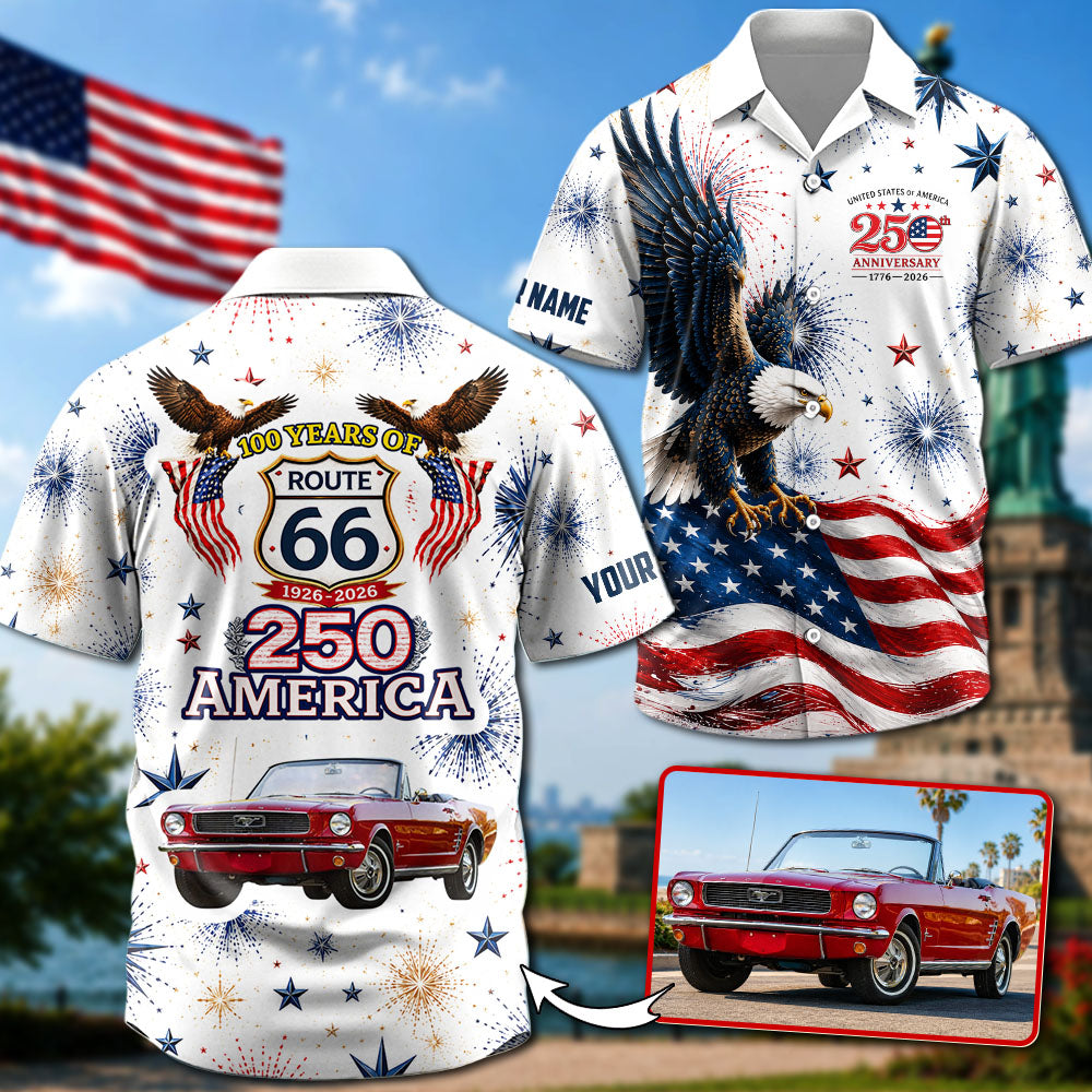 Celebrate 100 Years of Road Route 66 and America 250th Anniversary - Personalized Car Photo Hawaiian Shirt A2110 Pt99