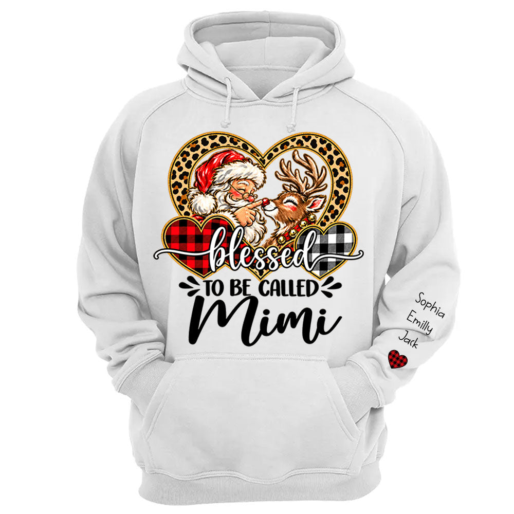 Personalized Blessed To Be Called Mimi Christmas Sweater, Custom Grandchildren Names on Sleeve Pullover, Leopard Buffalo Plaid Heart Grandma Gift C2408 Li29 TL06