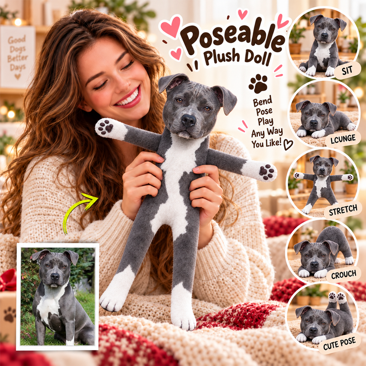 Personalized Pit Bull Photo Pet Squishy Toy Poseable Plush Doll, Funny Gift For Dog Mom, Dad, Pet Lover T1807 T24 TL06