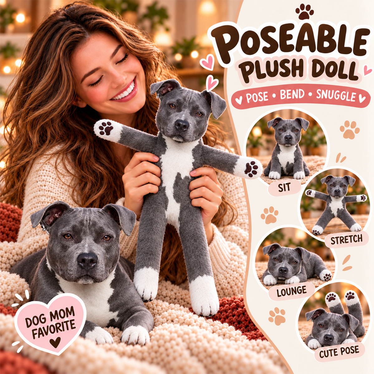 Personalized Pit Bull Photo Pet Squishy Toy Poseable Plush Doll, Funny Gift For Dog Mom, Dad, Pet Lover T1807 T24 TL06