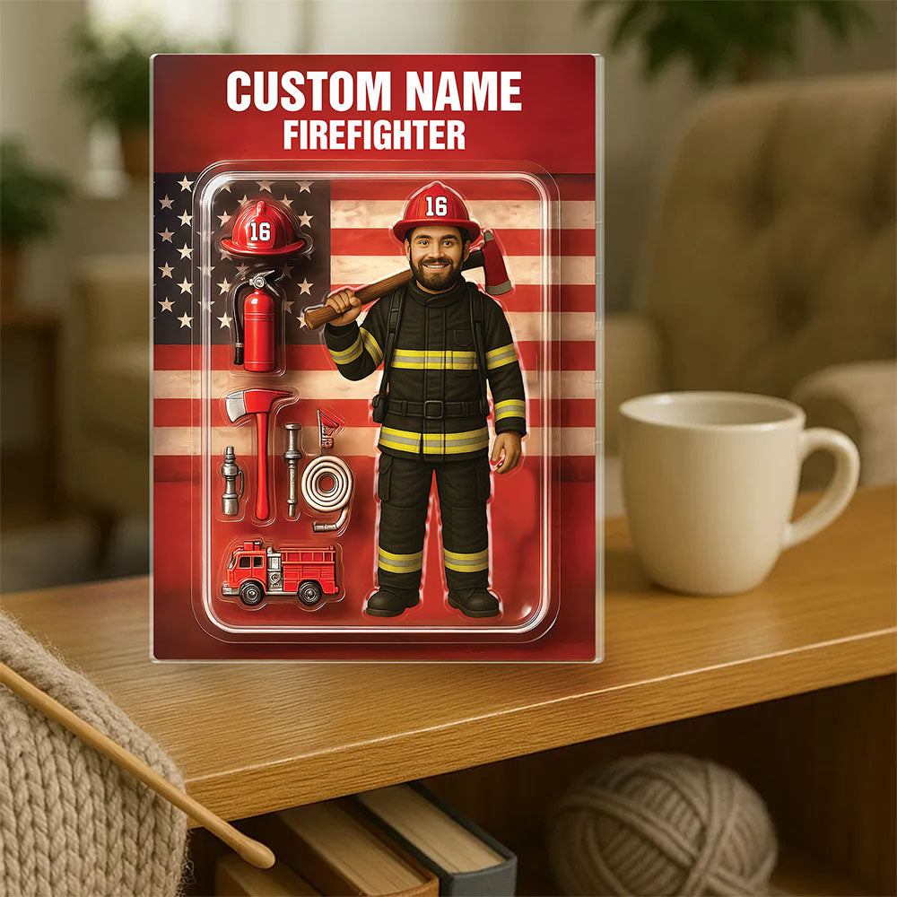 3D Effect Firefighter Action Figure Pack Packaging Personalized Face Firefighter Acrylic Plaque, Unique Keepsake, Gift For Firefighters Pt99