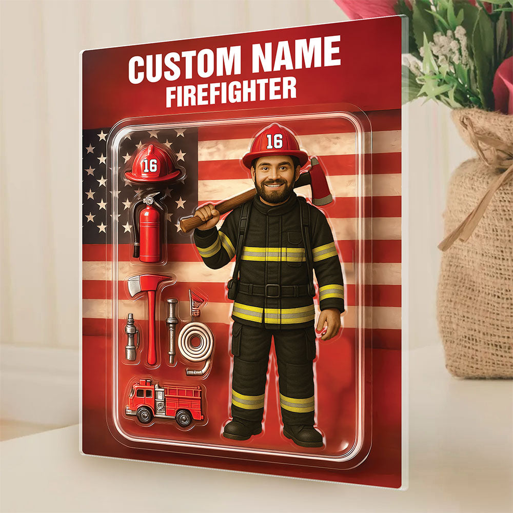 3D Effect Firefighter Action Figure Pack Packaging Personalized Face Firefighter Acrylic Plaque, Unique Keepsake, Gift For Firefighters Pt99