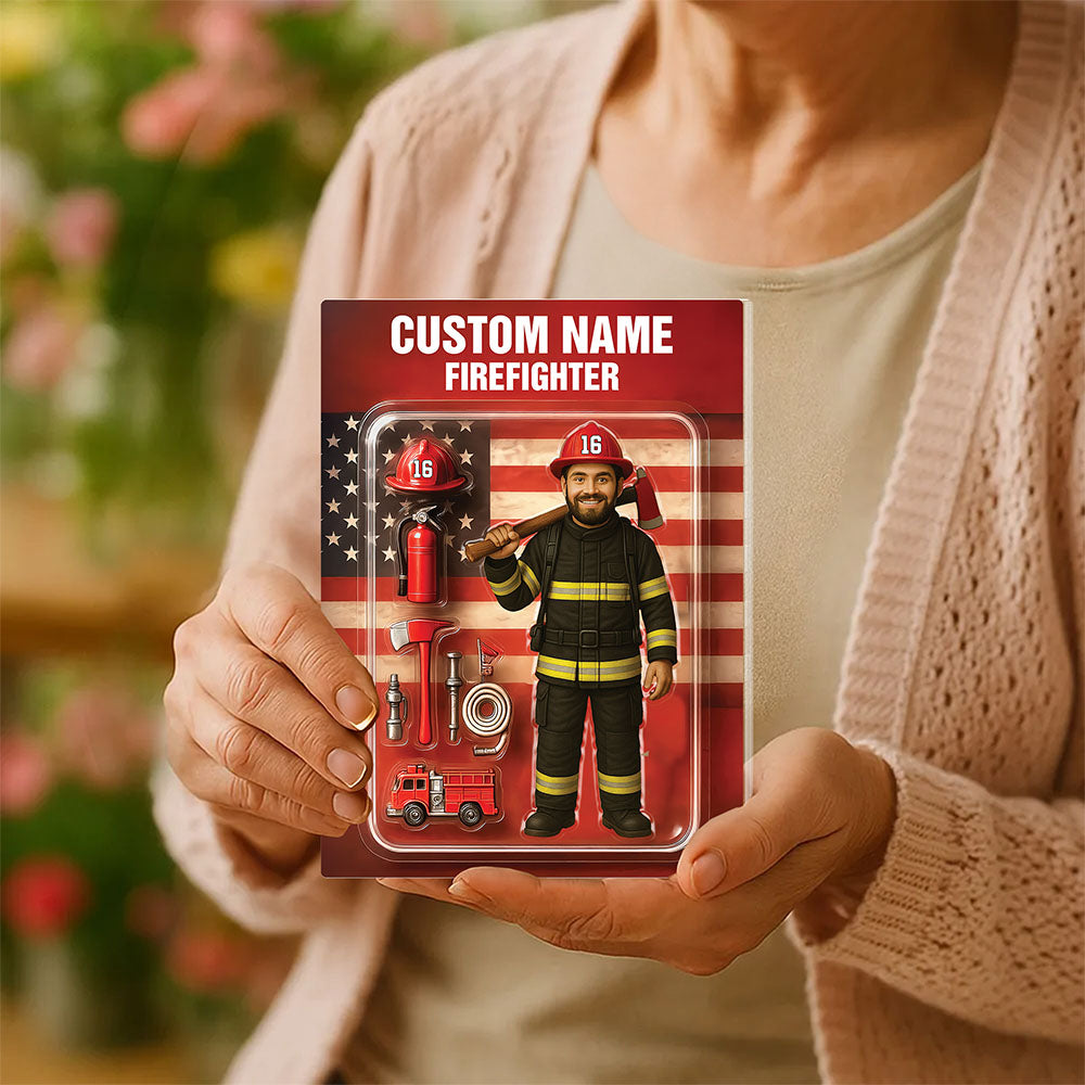3D Effect Firefighter Action Figure Pack Packaging Personalized Face Firefighter Acrylic Plaque, Unique Keepsake, Gift For Firefighters Pt99