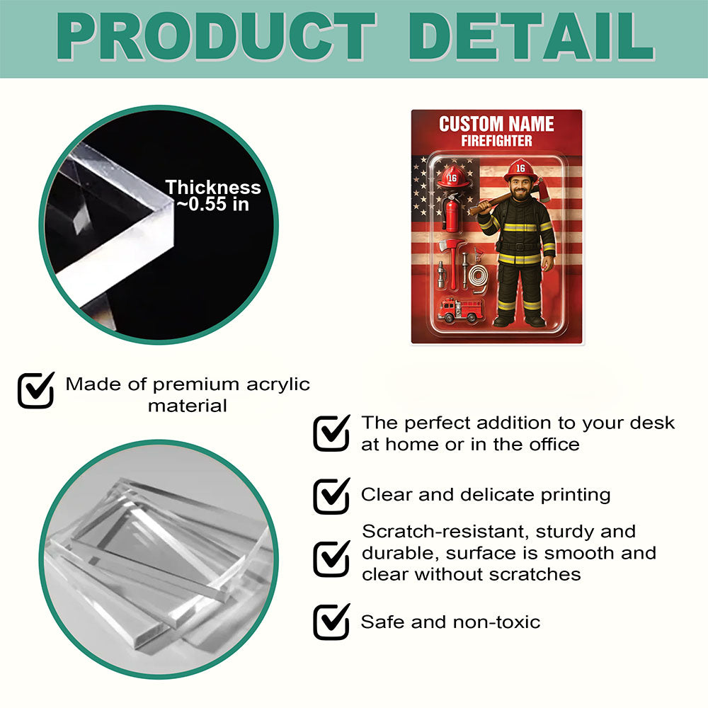 3D Effect Firefighter Action Figure Pack Packaging Personalized Face Firefighter Acrylic Plaque, Unique Keepsake, Gift For Firefighters Pt99