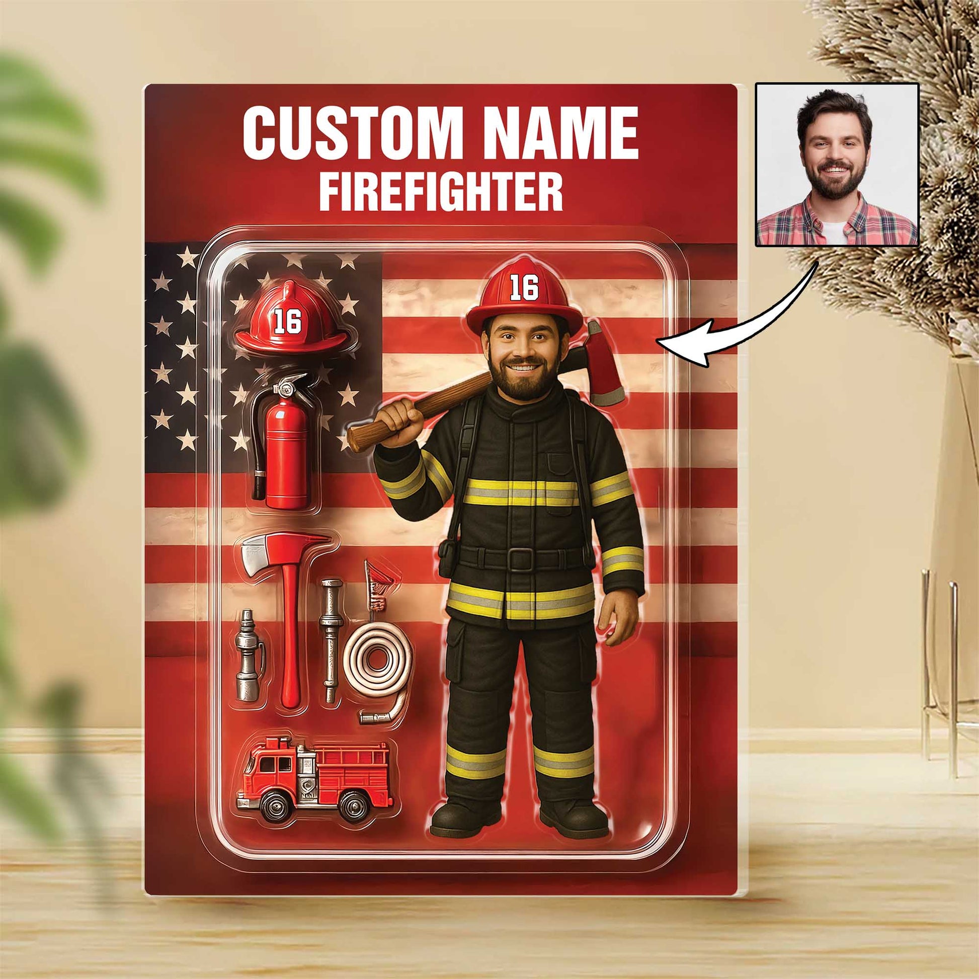 3D Effect Firefighter Action Figure Pack Packaging Personalized Face Firefighter Acrylic Plaque, Unique Keepsake, Gift For Firefighters Pt99
