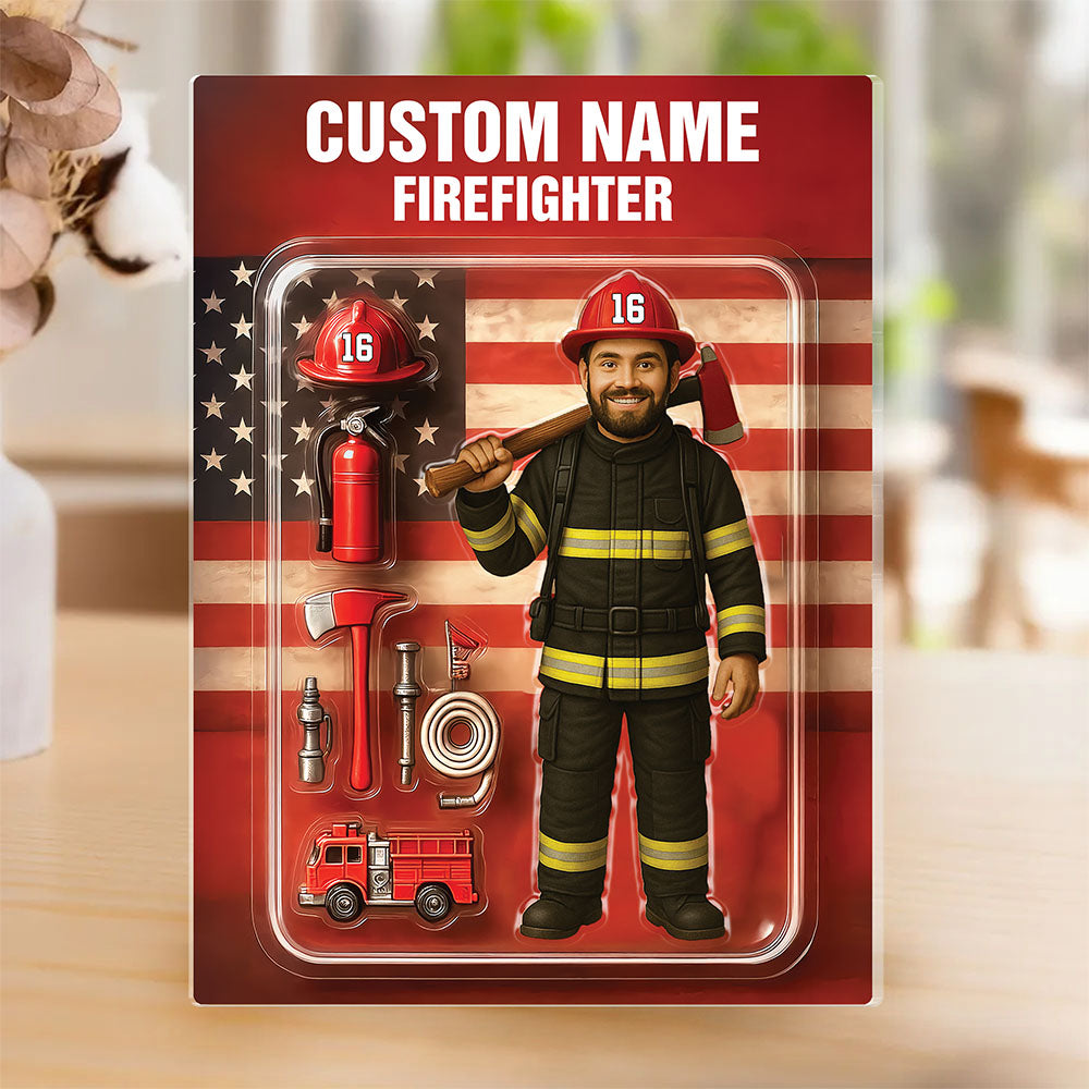 3D Effect Firefighter Action Figure Pack Packaging Personalized Face Firefighter Acrylic Plaque, Unique Keepsake, Gift For Firefighters Pt99