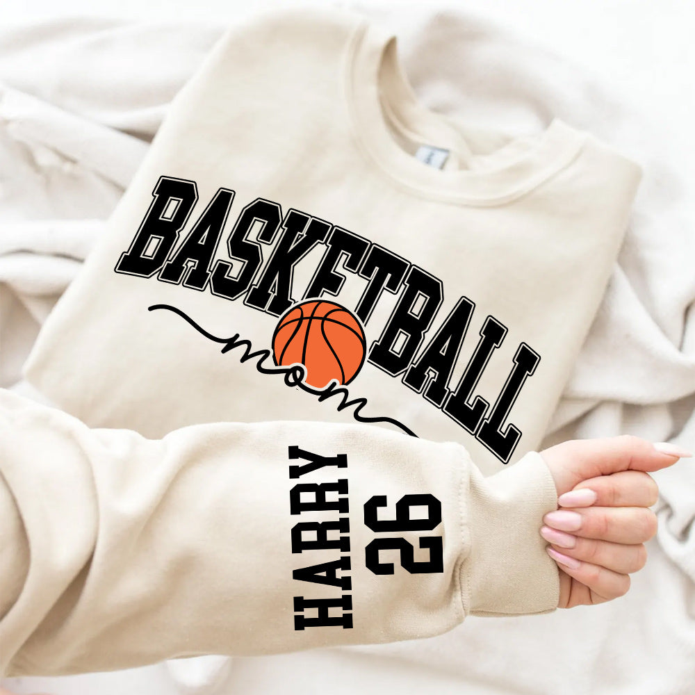 Personalize Basketball Mom Kids Name On Sleeve Sweatshirt, Mom Basketball Sweater, Basketball Mama Shirt, Gift for Basketball Mom, Fall Basketball Season Shirt Do99