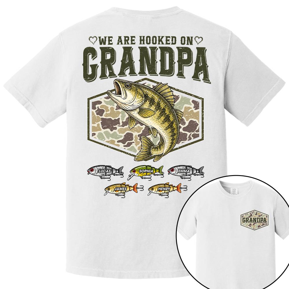 We Are Hooked On Grandpa Personalized Vintage Retro Fishing Shirt, Custom Fishing Gift for Dad, Father's Day Tee Na02 Hv01