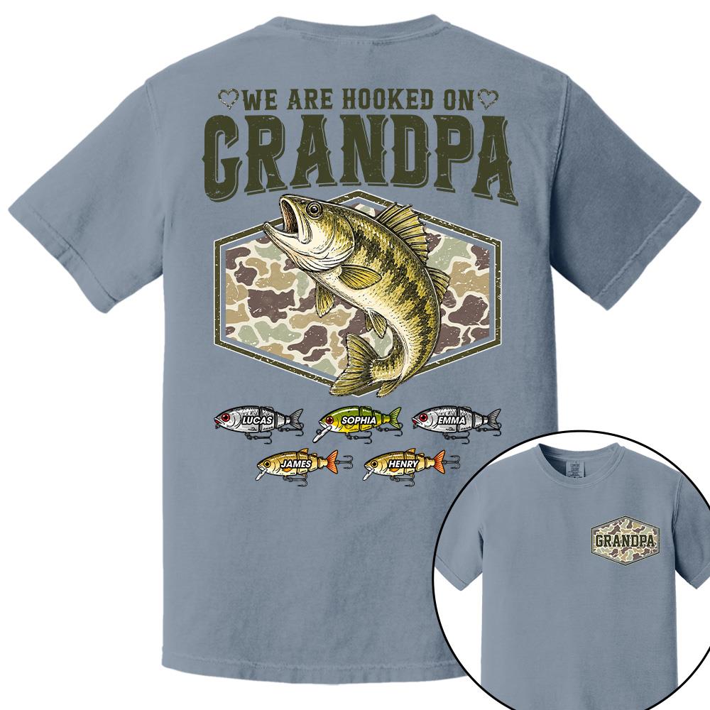 We Are Hooked On Grandpa Personalized Vintage Retro Fishing Shirt, Custom Fishing Gift for Dad, Father's Day Tee Na02 Hv01