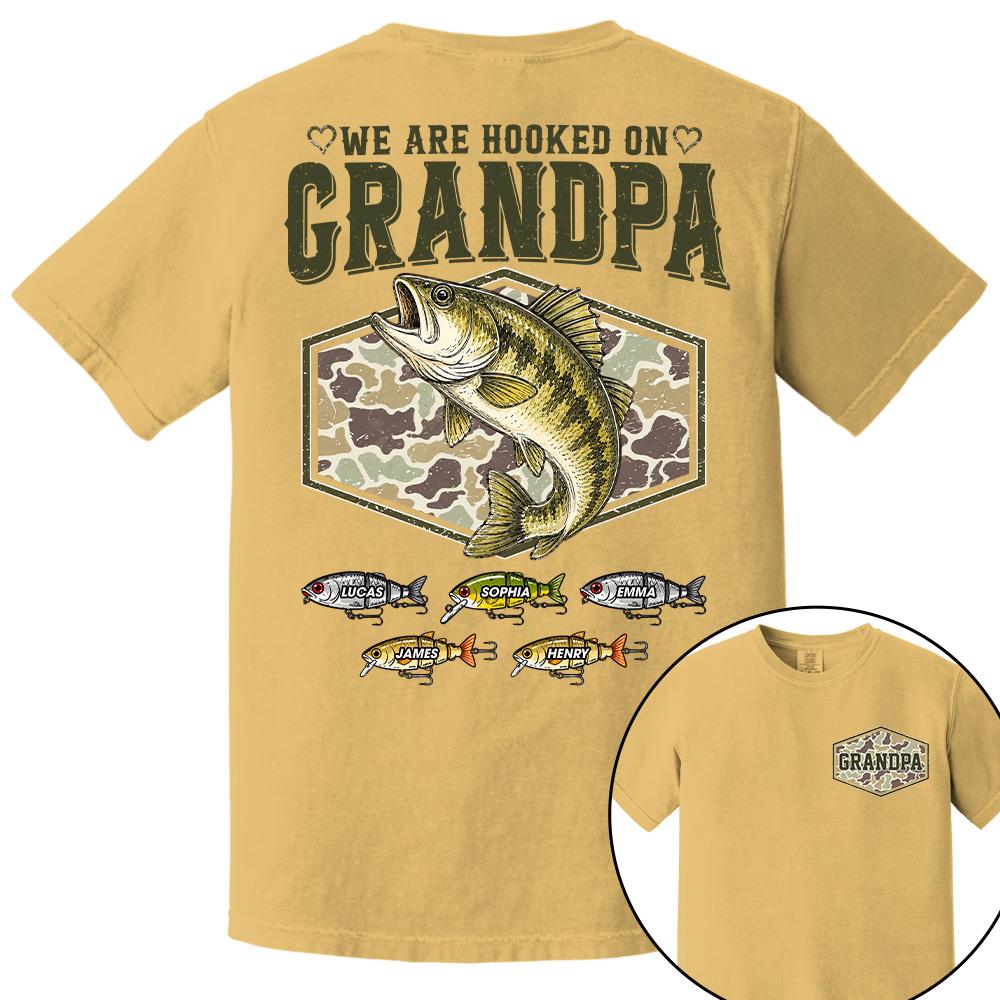 We Are Hooked On Grandpa Personalized Vintage Retro Fishing Shirt, Custom Fishing Gift for Dad, Father's Day Tee Na02 Hv01