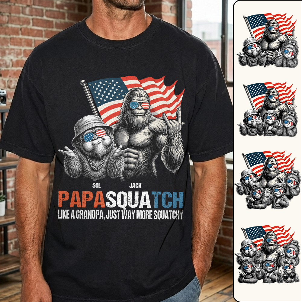 Personalized Papasquatch - Bigfoot Merica Rock American Flag T-Shirt, Father Day Gifts for Dad Funny Papa Tshirt Cool Daddy Bigfoot Tee A2110 T24