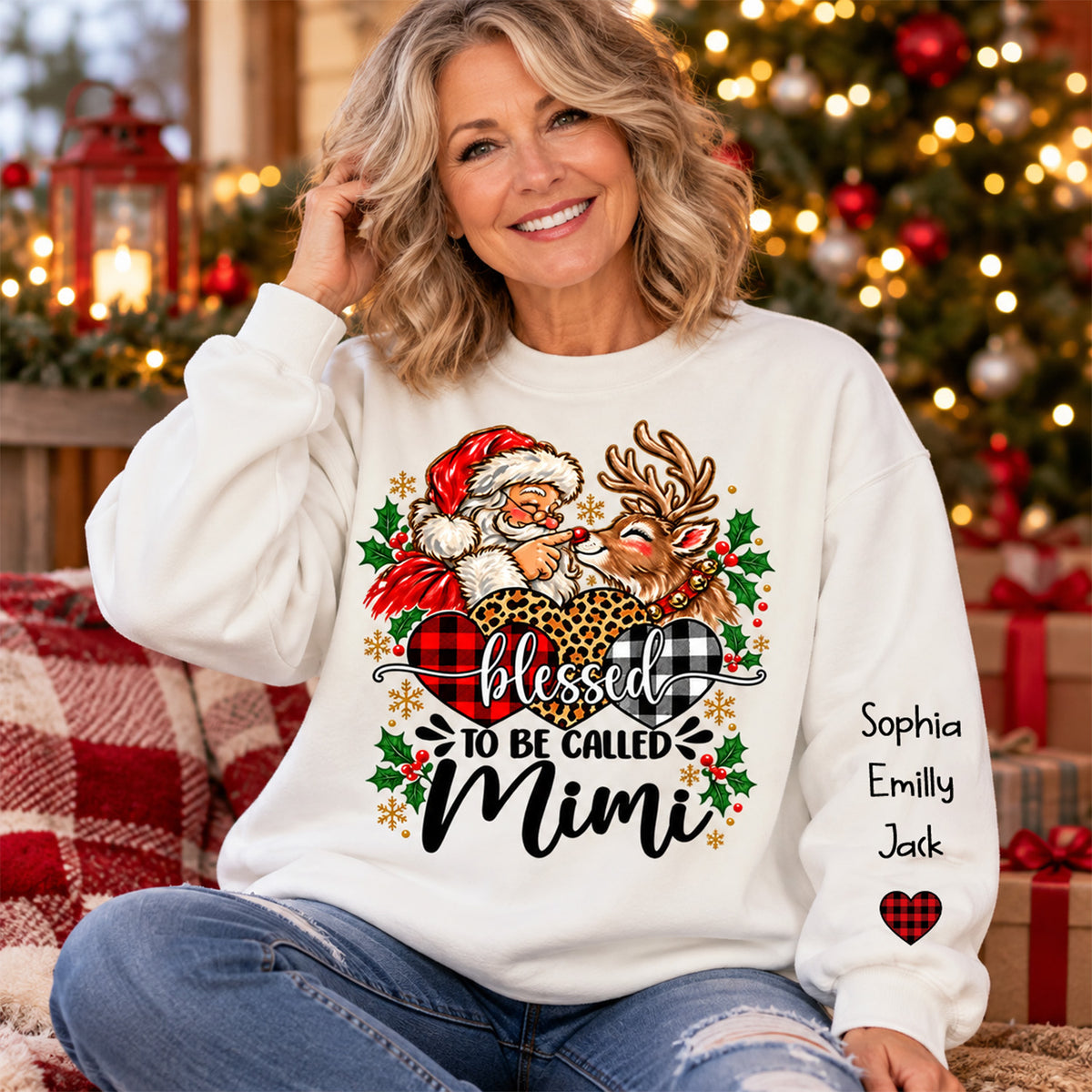 Custom Blessed To Be Called Mimi Christmas Sweatshirt with Grandkids Names on Sleeve, Personalized Mimi Claus Sweater, Cute Santa Reindeer Holiday Crewneck C2408 Li29 TL06