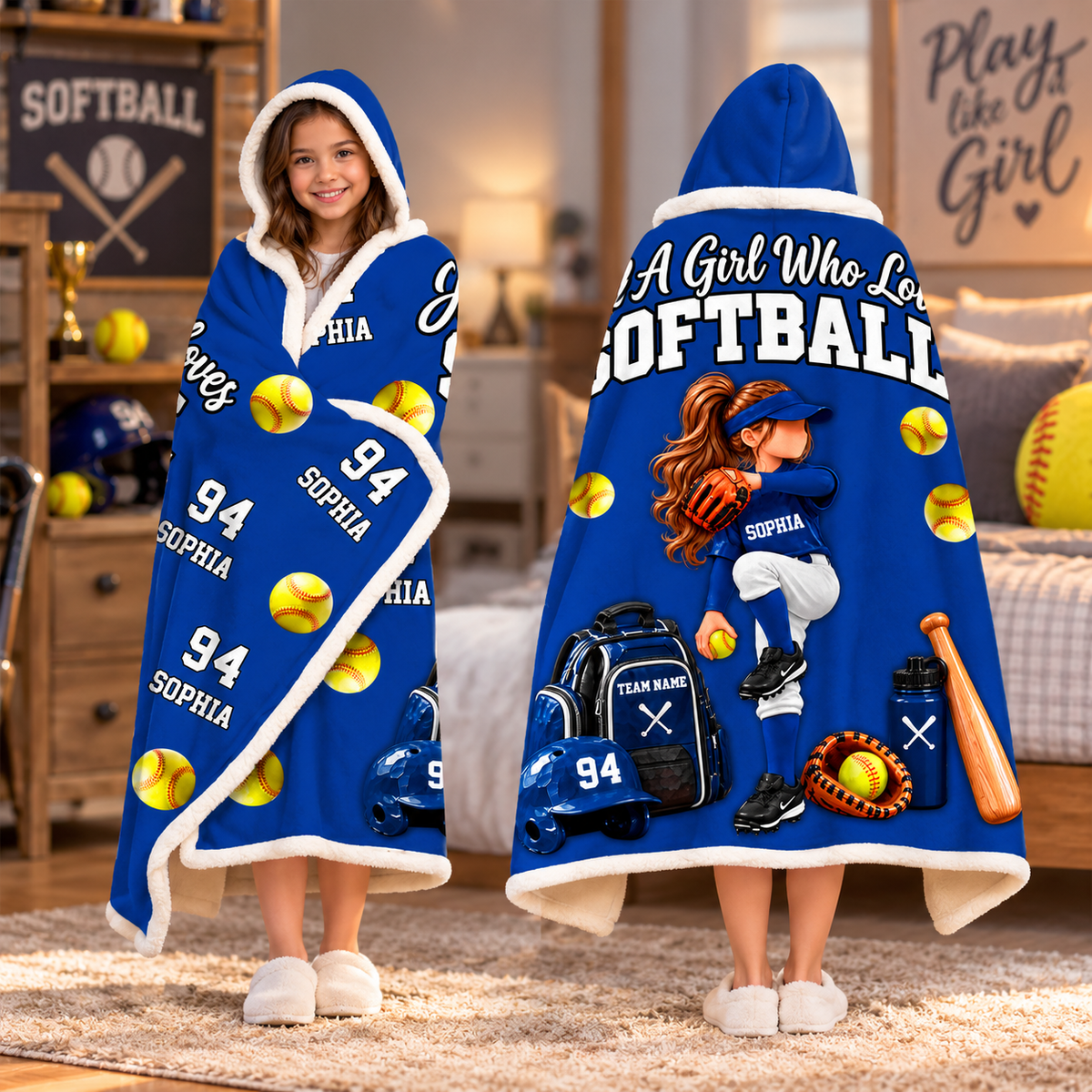 Personalized Just A Girl Who Loves Softball Blanket Hoodie, Custom Name Softball Gift For Boy Girl Na02 VH01 TL06
