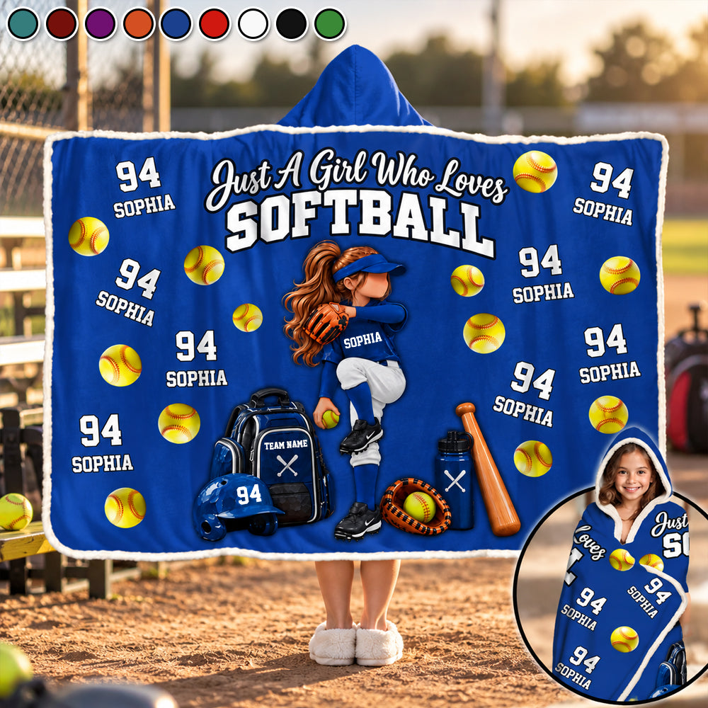 Personalized Just A Girl Who Loves Softball Blanket Hoodie, Custom Name Softball Gift For Boy Girl Na02 VH01 TL06