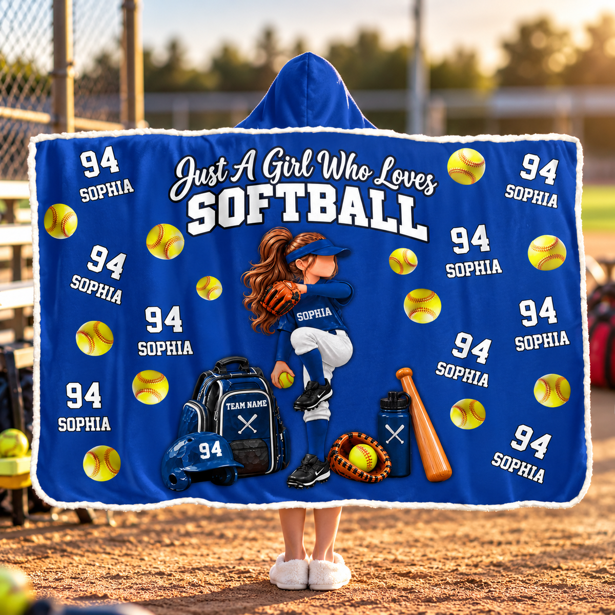 Personalized Just A Girl Who Loves Softball Blanket Hoodie, Custom Name Softball Gift For Boy Girl Na02 VH01 TL06
