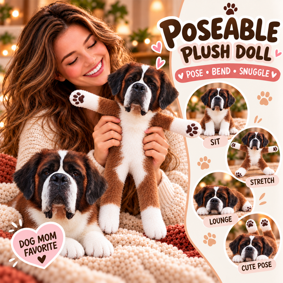 Personalized Saint Bernard Photo Pet Squishy Toy Poseable Plush Doll, Funny Gift For Dog Mom, Dad, Pet Lover T1807 T24 TL06