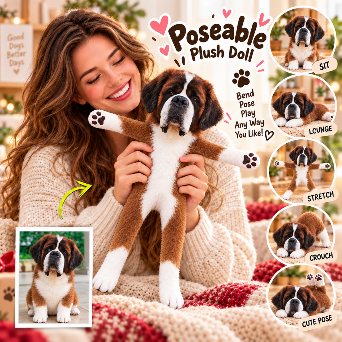 Personalized Saint Bernard Photo Pet Squishy Toy Poseable Plush Doll, Funny Gift For Dog Mom, Dad, Pet Lover T1807 T24 TL06