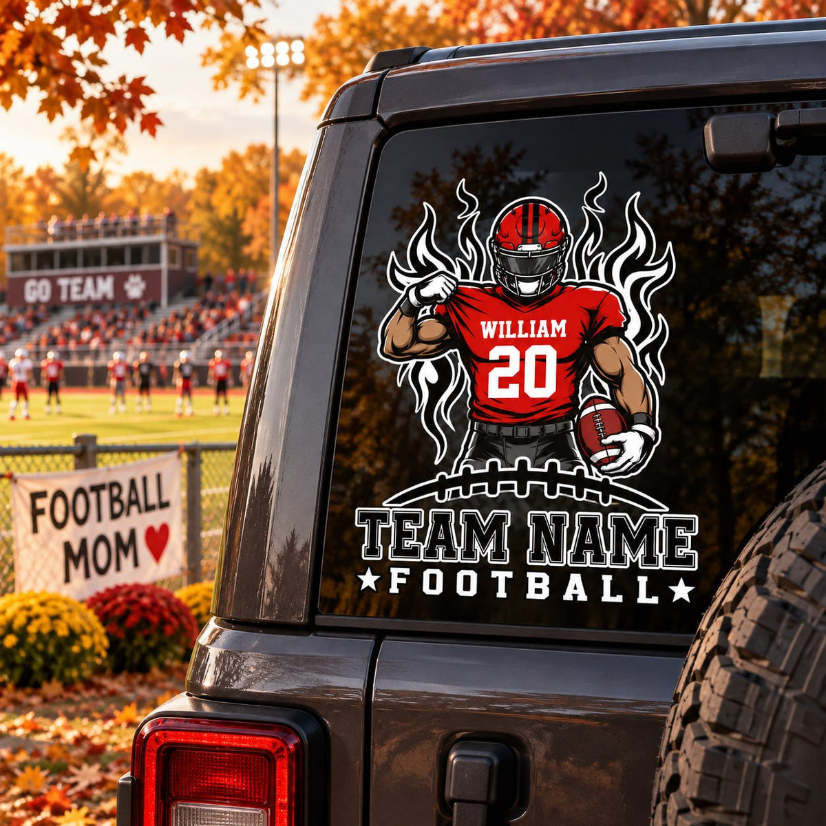 Personalized Football Player Car Decal, Custom Football Name & Number Sticker, Gift for Sports Moms and Dads T1807 VH01