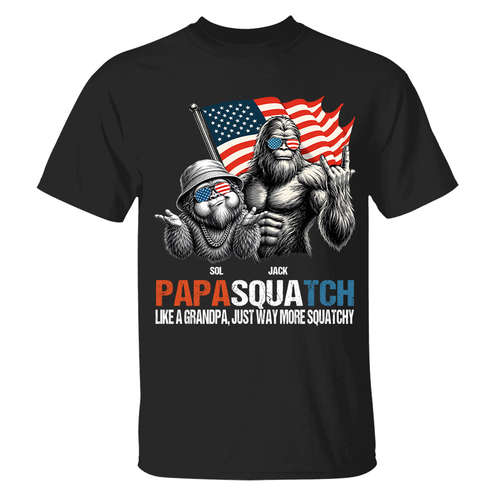 Personalized Papasquatch - Bigfoot Merica Rock American Flag T-Shirt, Father Day Gifts for Dad Funny Papa Tshirt Cool Daddy Bigfoot Tee A2110 T24