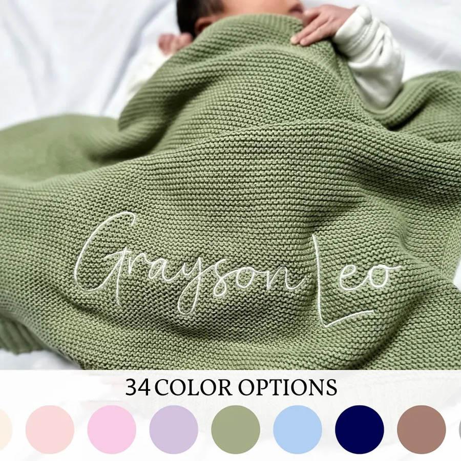 Embroidered Knit Baby Blanket, Soft Cotton Knit Baby Blanket, Custom Baby Name Blanket, Baby Shower Gift, Newborn Blanket, Keepsake Gift for Baby Pt99