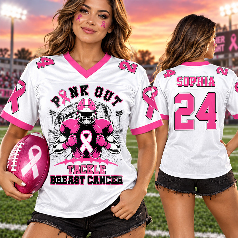 Custom Pink Out Breast Cancer Football Jersey, Tackle Cancer Game Day Shirt L0411 Hv01