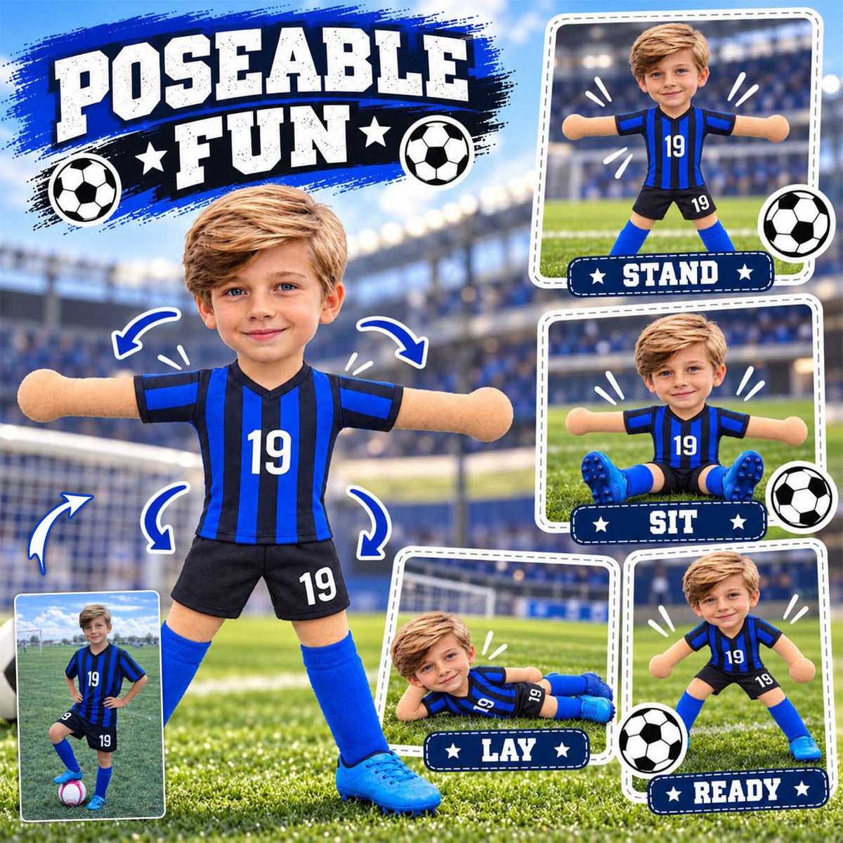 Personalized Soccer Squishy Toy Poseable Plush Doll, Funny Gift For Sport Lovers NA04 Pt99 NT01
