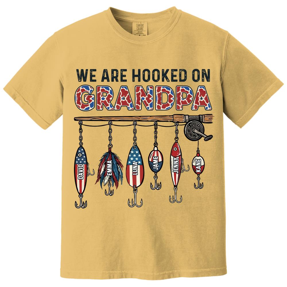 We Are Hooked On Grandpa Personalized Dad Grandpa Fishing Shirt, America 250th Anniversary, Father’s Day Gift for Grandpa Fisherman Na02 Hv01