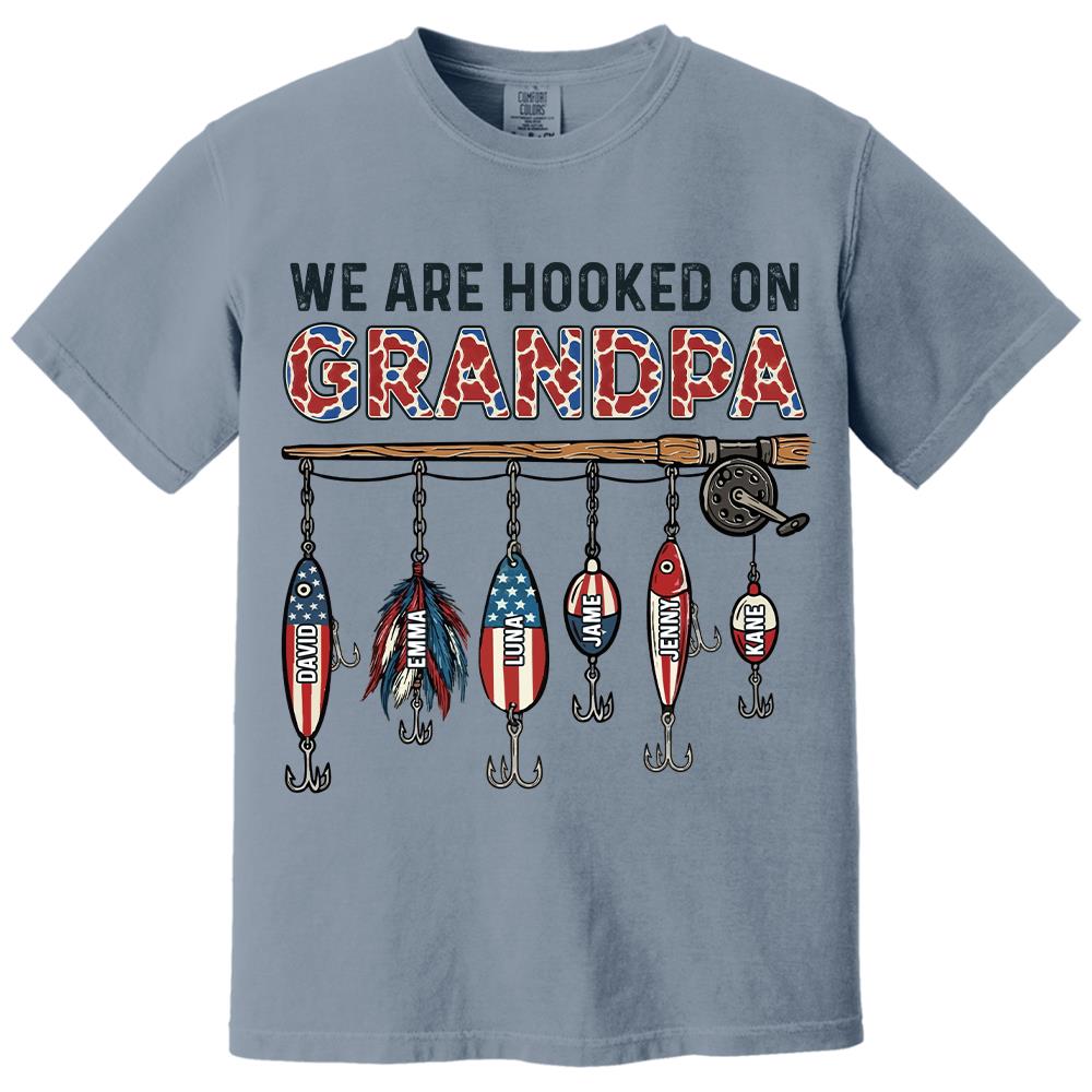 We Are Hooked On Grandpa Personalized Dad Grandpa Fishing Shirt, America 250th Anniversary, Father’s Day Gift for Grandpa Fisherman Na02 Hv01