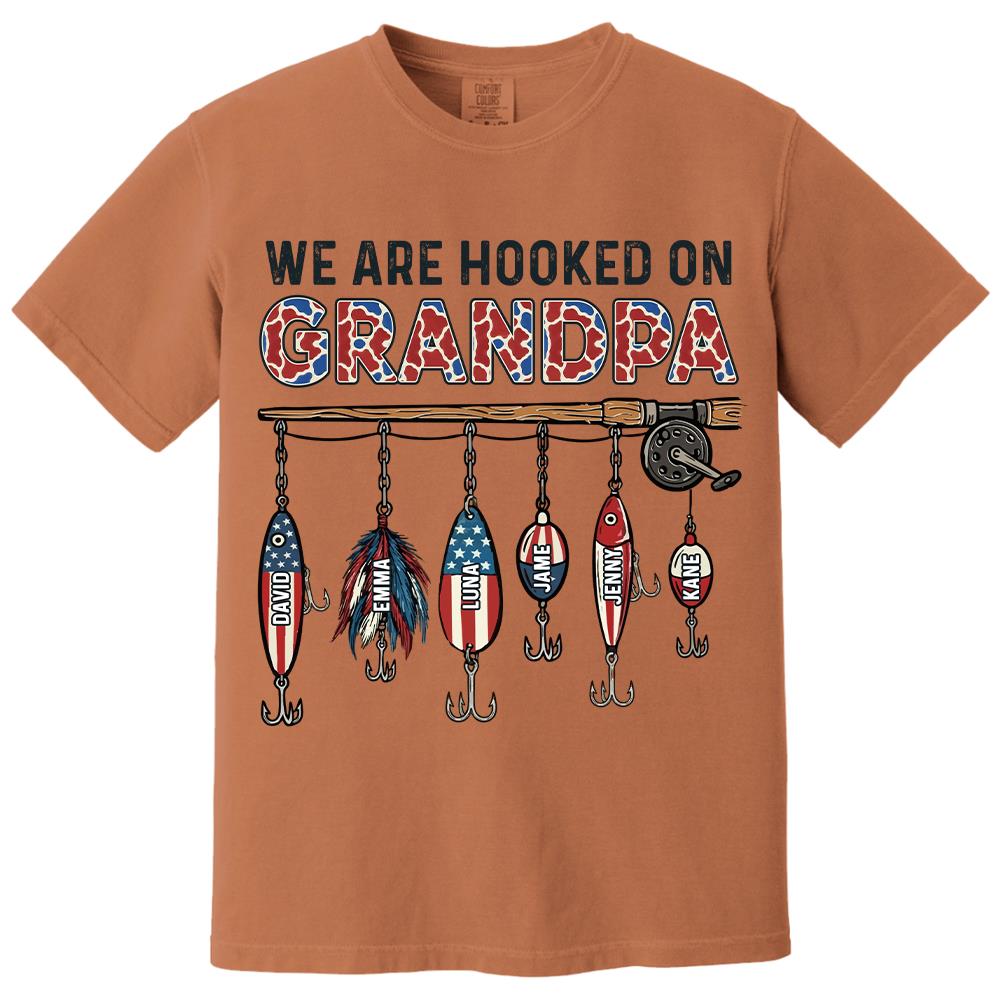 We Are Hooked On Grandpa Personalized Dad Grandpa Fishing Shirt, America 250th Anniversary, Father’s Day Gift for Grandpa Fisherman Na02 Hv01