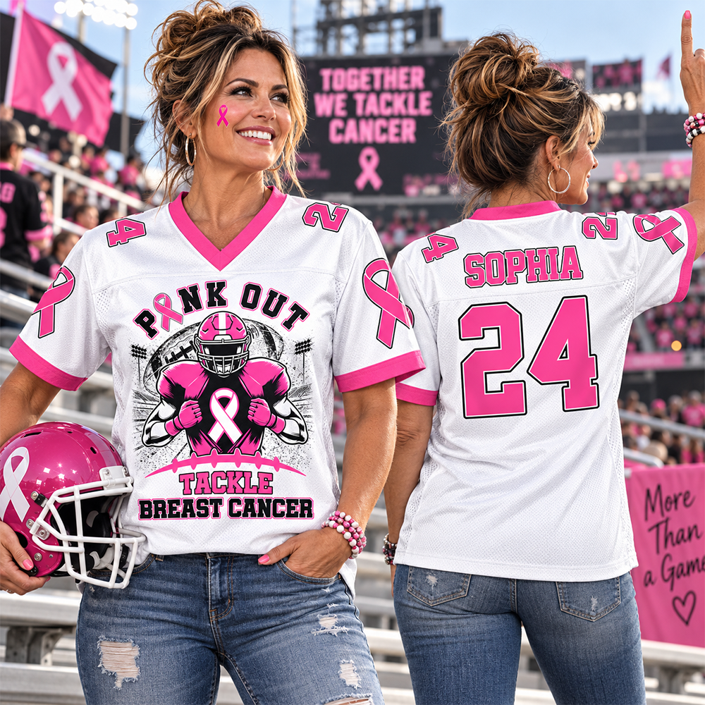 Custom Pink Out Breast Cancer Football Jersey, Tackle Cancer Game Day Shirt L0411 Hv01