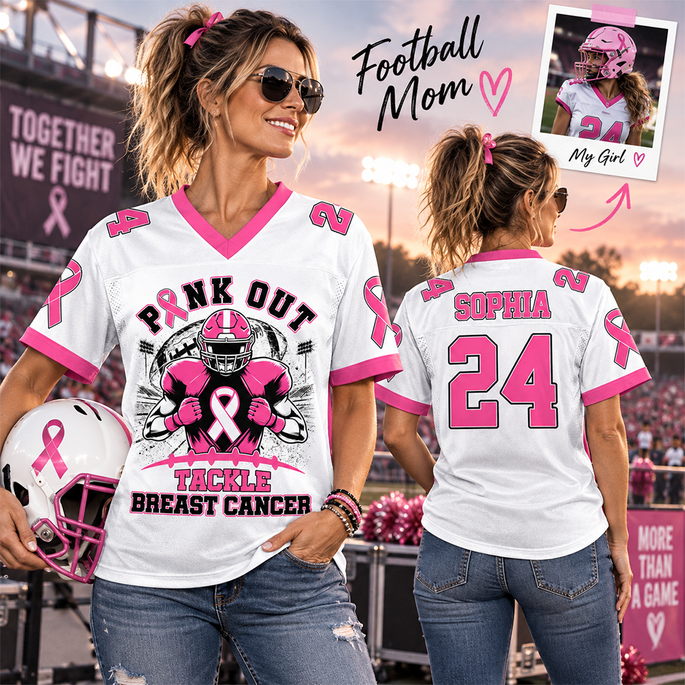 Custom Pink Out Breast Cancer Football Jersey, Tackle Cancer Game Day Shirt L0411 Hv01