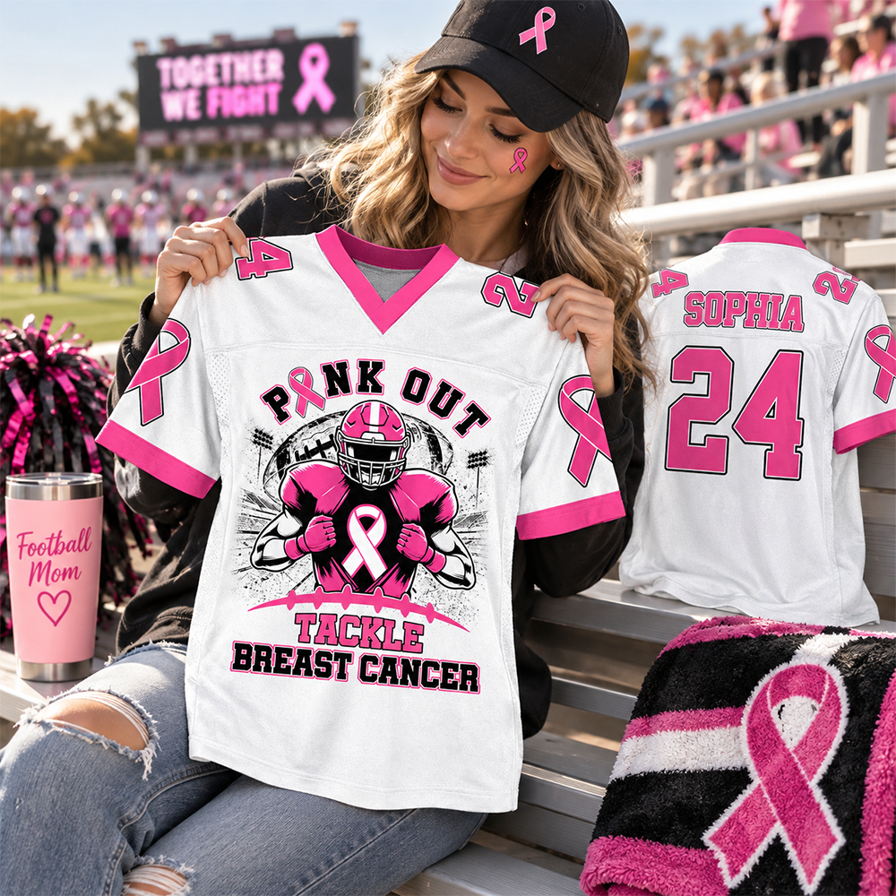 Custom Pink Out Breast Cancer Football Jersey, Tackle Cancer Game Day Shirt L0411 Hv01