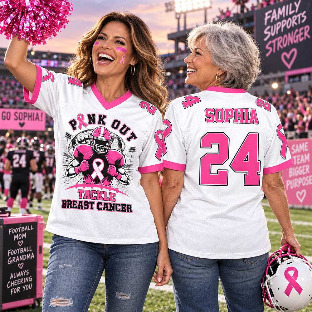 Custom Pink Out Breast Cancer Football Jersey, Tackle Cancer Game Day Shirt L0411 Hv01
